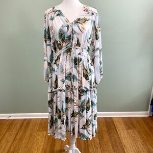 ELF Tiered Midi Dress Long Sleeve Button Up Womens Small Tropical Cottagecore